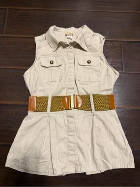 Pretty Good Sleeveless Cream Utility Top with Woven Brown Belt